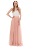 Elegant A Line Spaghetti Straps Sleeveless Pink and White Tulle Bridesmaid Dress with V Neck JS957