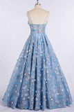 A Line Spaghetti Straps Sweetheart 3D Flower Applique Sky Blue Prom Dresses uk JS426