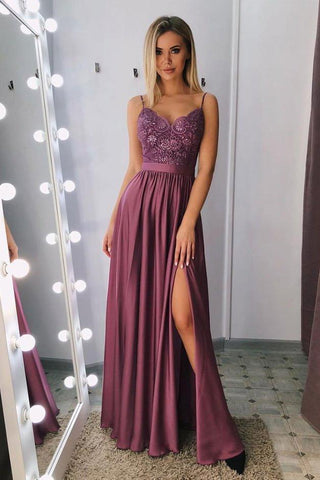 A Line Spaghetti Straps V Neck Purple Lace Side Slit Prom Dresses Party Dresses