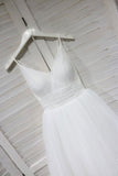 A Line Spaghetti Straps White Lace up Tulle V Neck Short Prom Dress Homecoming Dress H1028