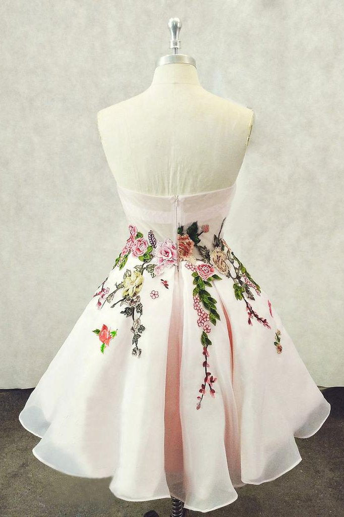 A Line Straps Sweetheart Pink Homecoming Dresses with Floral Print Short Prom Dress JS826
