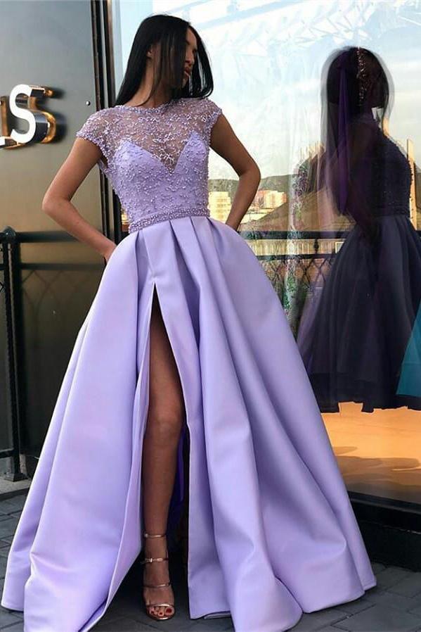 A Line Stunning Satin Beads Cap Sleeves Prom Dresses with High Slit Pockets JS891