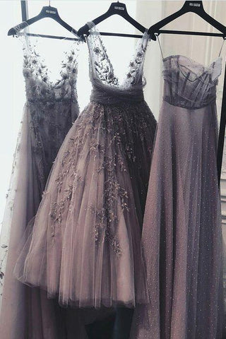 A Line Tulle Lace Appliques Purple V Neck Prom Dresses Cheap Evening Dresses JS975