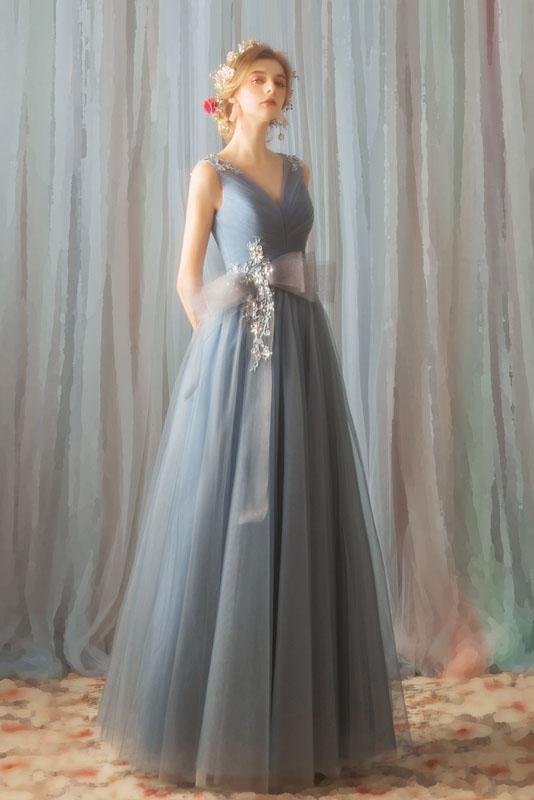 A Line Tulle V Neck Ruffles Prom Dresses Long Cheap Evening Dresses JS355