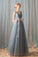 A Line Tulle V Neck Ruffles Prom Dresses Long Cheap Evening Dresses JS355