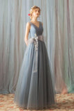 A Line Tulle V Neck Gray Ruffles Prom Dresses, Long Cheap Evening Dresses PW355
