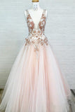 A Line Tulle V Neck Prom Dresses Beads Pink Lace Appliques Backless Evening Dresses JS533