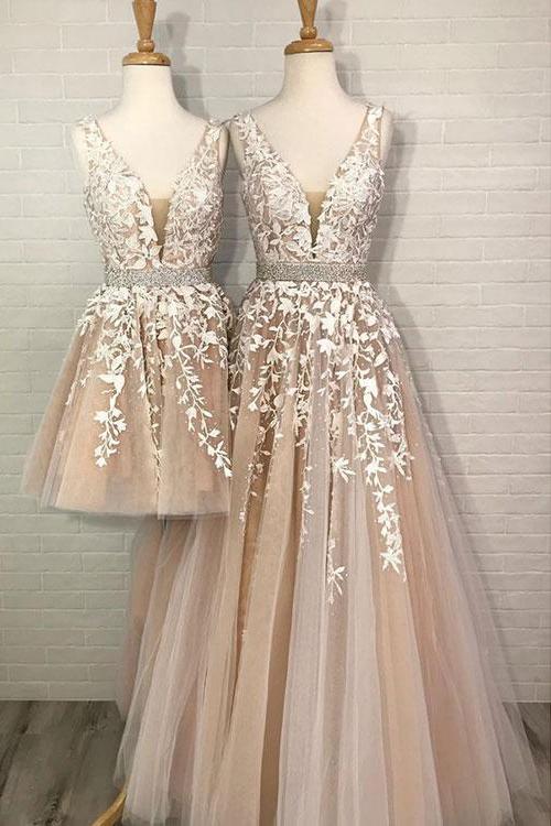 A Line Tulle V Neck Straps Lace Appliques Prom Dresses Long Party Dresses P1013