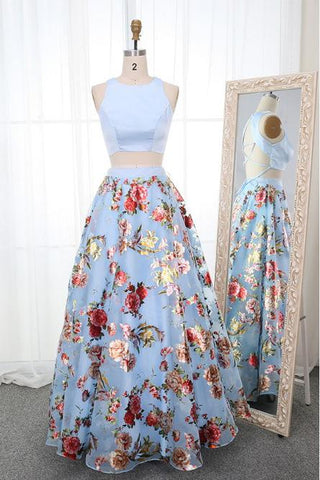 A Line Two Piece Crew Open Back Prom Dresses Light Blue Printed Evening Dresses JS846