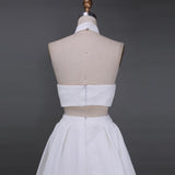 A Line Two Piece Lace White Prom Dresses High Slit Long Cheap Evening Dresses JS670