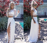 A Line Two Pieces Long Sleeve Prom Dresses Scoop High Slit White Evening Dresses JS665
