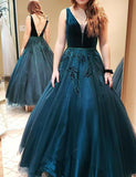A Line V-Neck Backless Green Prom Dress With Appliques Beading Evening Gown JS458