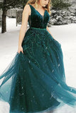 A Line V-Neck Backless Green Prom Dress With Appliques Beading Evening Gown JS458
