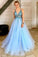A Line V-Neck Tulle Backless Prom Dress with Sequins Appliques Long Evening Dresses JS362