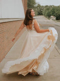 A Line V Neck Lace Bodice Prom Dresses Princess Ball Gown Backless Long Formal Dress JS441