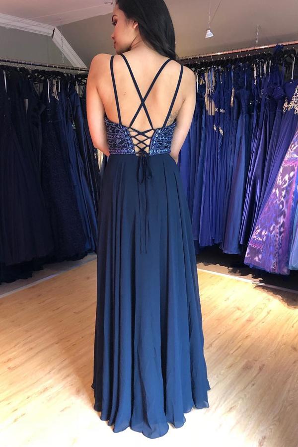 A Line V Neck Lace up Navy Blue Chiffon Long Prom Dresses with Beads Party Dresses P1007