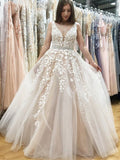 A Line V Neck Long Ivory Lace Appliques Wedding Dresses Beads Tulle Prom Dresses JS598