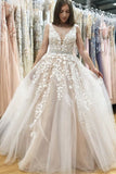 A Line V Neck Long Ivory Lace Appliques Wedding Dresses Beads Tulle Prom Dresses JS598