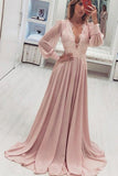 A Line V Neck Long Sleeve Pink Chiffon Prom Dress With Appliques Long Evening Dress P1000