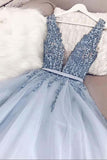 A Line V Neck Plunging Neck Powder Blue V Back Prom Dress with Beading Evening Dress P1038