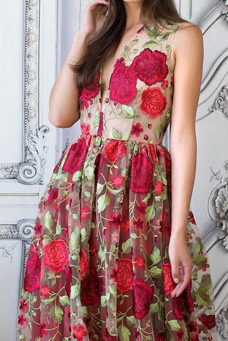 A Line V Neck Red Floral Boho Prom Dress Elegant Long Evening Dresses JS518