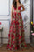 A Line V Neck Red Floral Boho Prom Dress Elegant Long Evening Dresses JS518