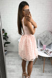 A Line V Neck Short Pearl Pink Lace Appliques Sleeveless Knee Length Homecoming Dress H1015