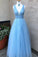 A Line V Neck Tulle Light Blue Prom Dresses Floor Length Beads Evening Gowns JS528