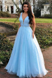A Line V Neck Tulle Light Blue Prom Dresses Floor Length Beads Evening Gowns JS528