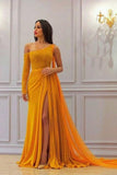 A Line Yellow One Long Sleeve Chiffon Prom Dresses High Slit Formal Dresses JS349