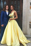 A Line Yellow V Neck Prom Dresses Satin Backless Lace up Long Evening Dresses JS626