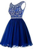 A line Blue Chiffon Scoop Homecoming Dresses with Beads Straps Prom Dresses JS802