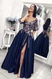 A line Blue Prom Dresses with High Slit Short Sleeve Satin with Pockets Evening Dresses JS676