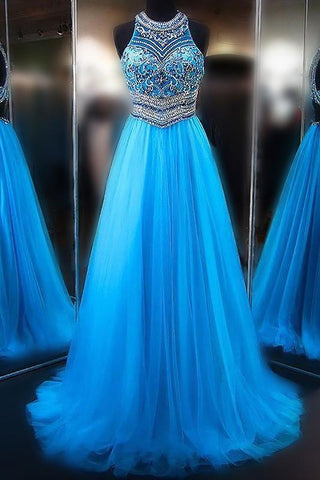 A line Blue Tulle Halter Beads Open Back Prom Dresses Long Evening Dresses JS579