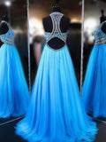 A line Blue Tulle Halter Beads Open Back Prom Dresses Long Evening Dresses JS579
