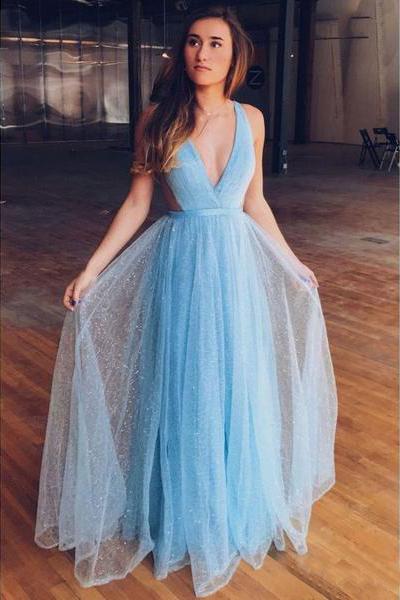 A line Blue Tulle Straps Prom Dresses Floor Length Long Cheap Evening Dresses JS680
