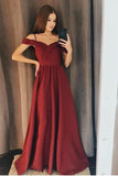 A line Burgundy Cold Shoulder Sweetheart Prom Dresses Satin Long Evening Dresses JS669