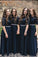 A line Dark Blue Half Sleeve Scoop Bridesmaid Dresses Chiffon Lace Prom Dresses JS543