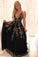 A line Deep V Neck Backless Lace Prom Dresses Black Evening Dress with Appliques JS597