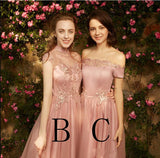 A line Dusty Pink Short Sleeve Bridesmaid Dresses Lace Tulle Prom Dresses JS807