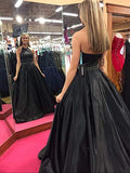A line Halter Navy Blue Beads Prom Dresses with Pockets Long Evening Dresses JS566