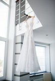 A line Lace Appliques Scoop Prom Dresses Backless Tulle Ivory Wedding Dresses JS509