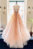 A line Lace V Neck Pink Prom Dresses with Appliques Long Cheap Evening Dresses JS730