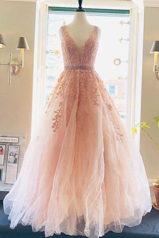 A line Lace V Neck Pink Prom Dresses with Appliques Long Cheap Evening Dresses JS730