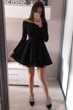 A line Long Sleeve Black Satin Short Prom Dresses Above Knee Cocktail Dresses JS659