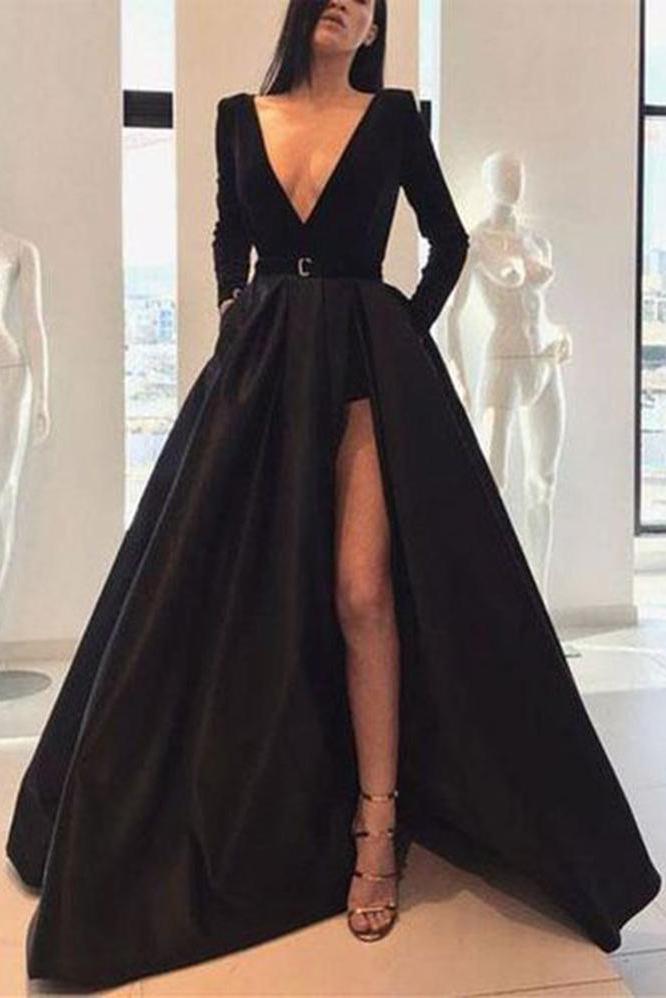 A line Long Sleeve Burgundy Prom Dresses Satin Deep V Neck High Slit Evening Dress JS650