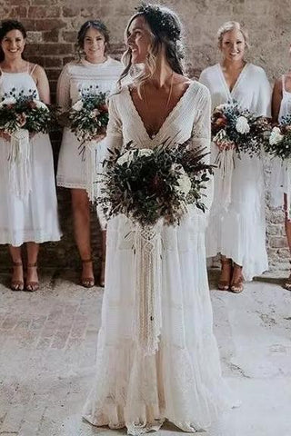 A Line Long Sleeve Deep V Neck Lace Backless Wedding Dresses Long Bridal Dresses