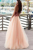 A line Pink Red Lace Appliques Prom Dresses Strapless Tulle Long Evening Dresses JS535