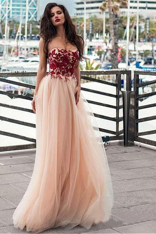 A line Pink Red Lace Appliques Prom Dresses Strapless Tulle Long Evening Dresses JS535