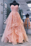 A line Pink Sweetheart Lace Appliques Prom Dresses with Tulle Cheap Party Dresses JS873